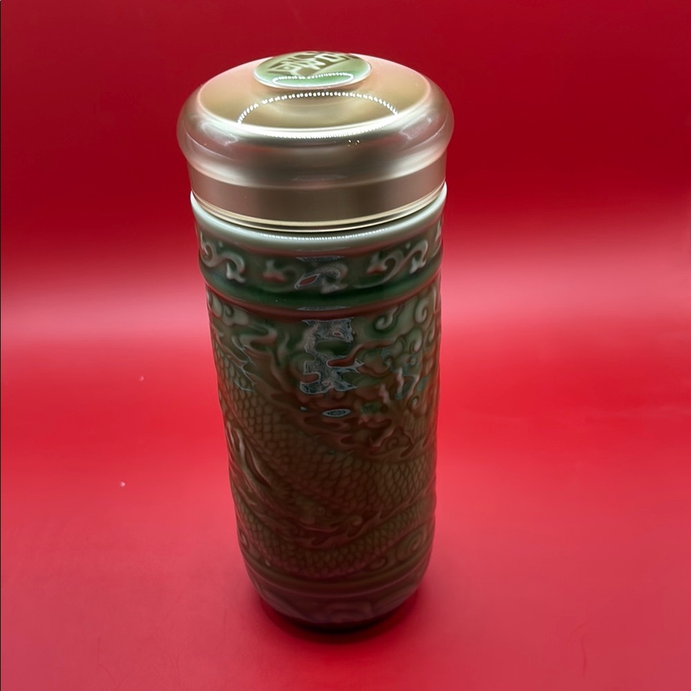 Elegant Green Ceramic Dragon Thermos Stainless Insulated